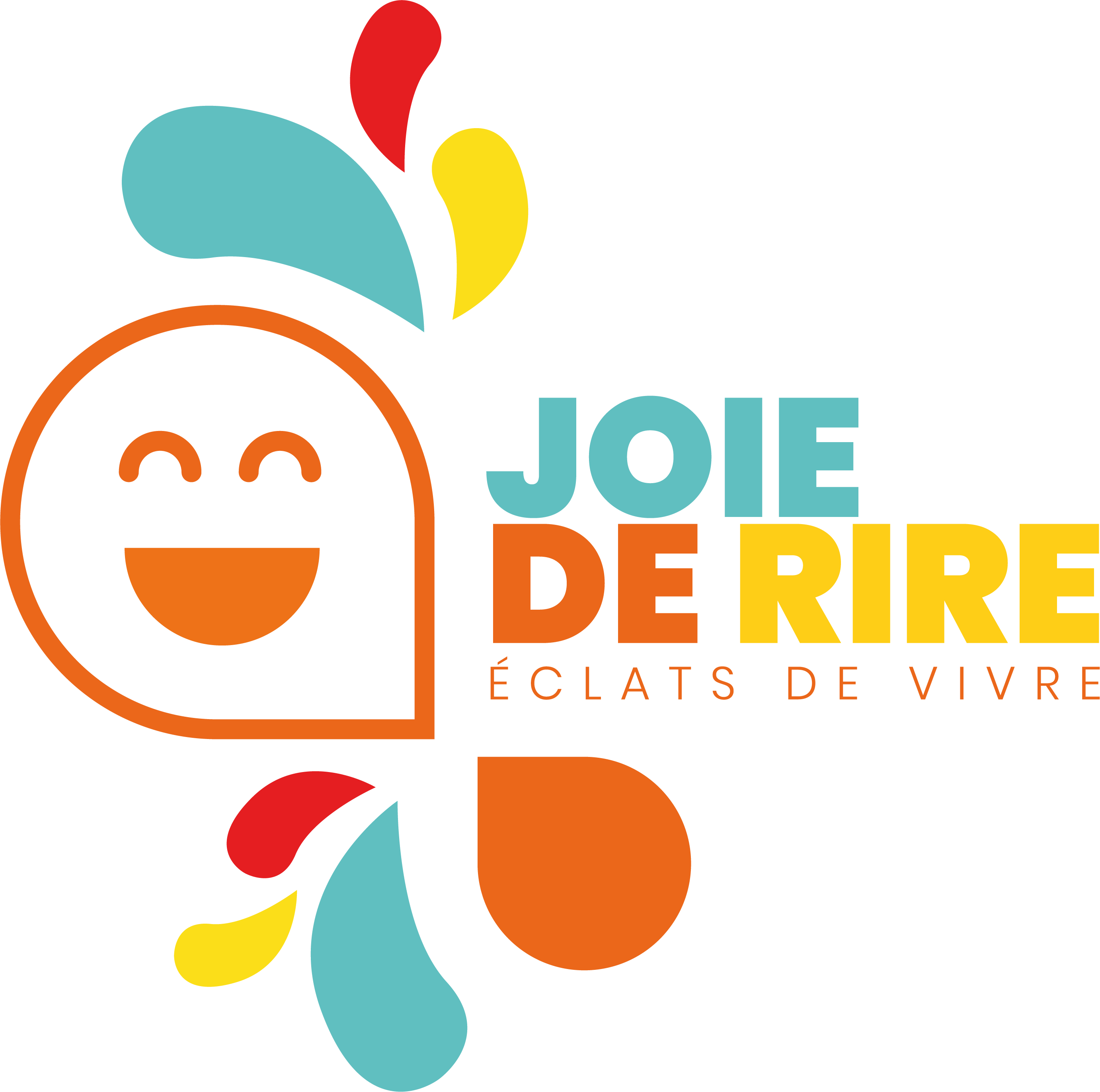 Logo représentant un visage souriant entouré de goute coloré. Le texte joie de rire est écrit en bleu, orange et jaune.