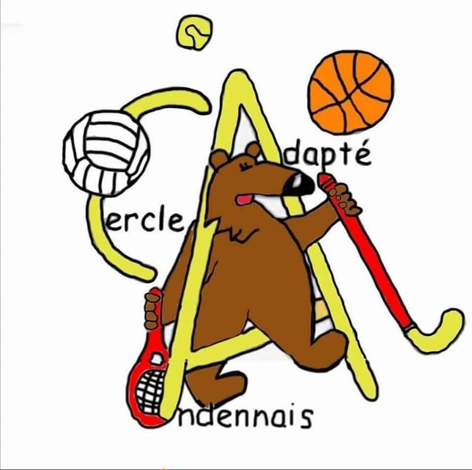 Logo représentant un animal qui tient dans ces mains, une crosse de hockey et une raquette de tennis. Autour de lui se trouvent une balle de basket et une de volley.